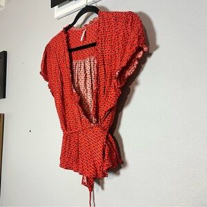 Free People Red Patterned Tie Blouse